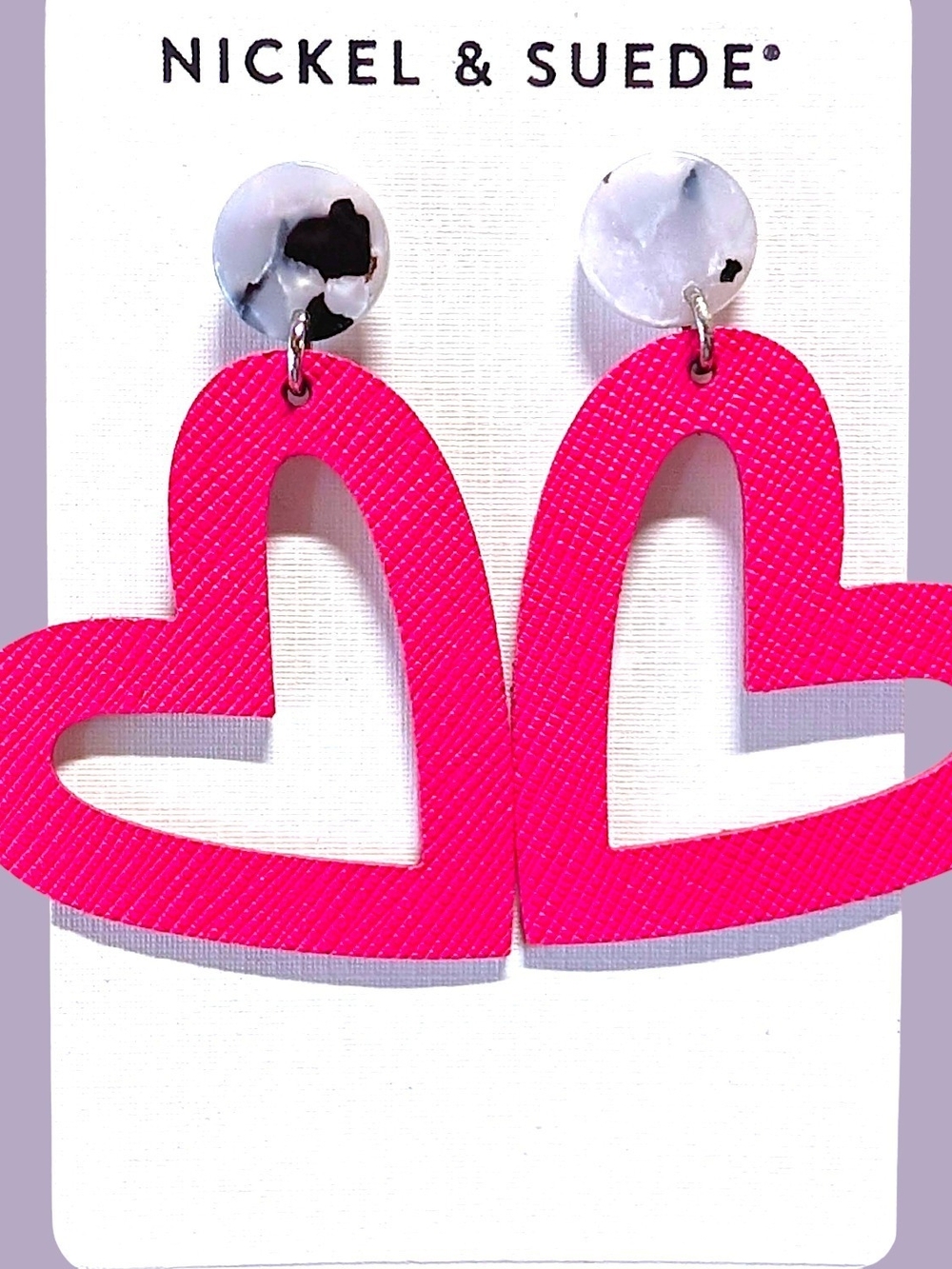 Nickel & Suede Fuschia Pink Heart Drop Earrings with Acrylic Faux-Marble Studs